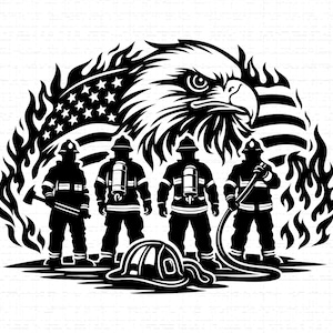 Puede incluir: Gráfico en blanco y negro de cuatro bomberos frente a una bandera estadounidense y un águila. Un bombero sostiene un hacha, otro una manguera. Un casco descansa a sus pies.