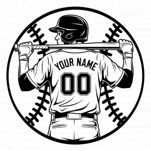 Può includere: Un'illustrazione grafica in bianco e nero di un giocatore di baseball visto da dietro, che indossa un casco e una maglia con il testo YOUR NAME e il numero 00, tenendo una mazza sulle spalle, il tutto incorniciato in un design circolare.