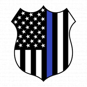 May include: A shield-shaped graphic featuring the American flag design with a blue stripe. The left side displays white stars on a black background, while the right side has black and white stripes with a vertical blue line.
