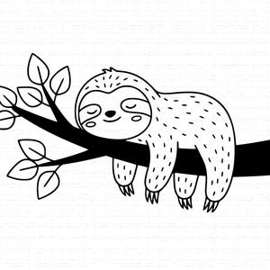 Peut inclure: Illustration en noir et blanc d'un paresseux se reposant sur une branche d'arbre. Le paresseux a les yeux fermés et une expression souriante. La branche d'arbre comporte des feuilles et est de style minimaliste.