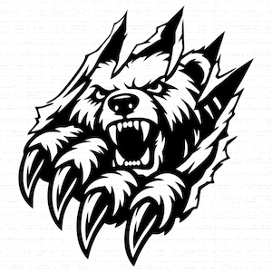 Könnte beinhalten: Schwarz-weiße Grafik eines Bärenkopfes und Krallen, die durch eine Oberfläche brechen. Der Bär knurrt, die Zähne sind entblößt. Die Krallen sind scharf und bedrohlich, was ein kraftvolles und aggressives Design ergibt.