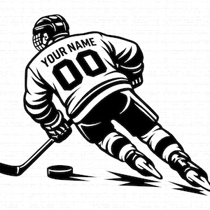 May include: A black and white graphic illustration of a hockey player in motion, wearing a jersey with the text YOUR NAME and the number 00 on the back. The player is holding a hockey stick and skating toward a puck on the ice surface.