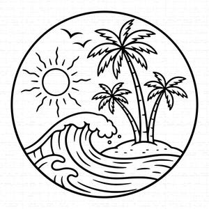 以下が含まれることがあります： 熱帯の島のシーンを描いた白黒の円形イラスト。ヤシの木、太陽、波、鳥が描かれています。シンプルでグラフィックなデザインで、夏と休暇を連想させます。