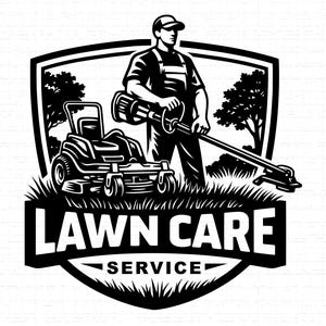 Peut inclure: Logo noir et blanc d'un professionnel de l'entretien des pelouses avec une tondeuse et une débroussailleuse. Le texte "LAWN CARE SERVICE" est affiché en gras en bas, dans un cadre en forme de bouclier, avec des arbres en arrière-plan.