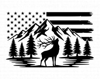 May include: Black and white graphic of a deer with large antlers, silhouetted against a mountain range and evergreen trees. The top portion features a stylized American flag design with stars and stripes.