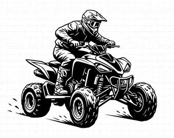 May include: Black and white illustration of a person riding an all-terrain vehicle (ATV). The ATV has large, knobby tires and a front bumper. The rider is wearing a helmet and protective gear. The image conveys speed and adventure.