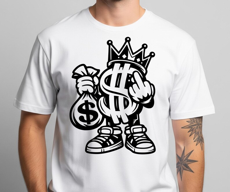 May include: White t-shirt featuring a black and white graphic of a dollar sign character wearing a crown and sneakers, holding a money bag and giving the middle finger. The design is bold and cartoonish.