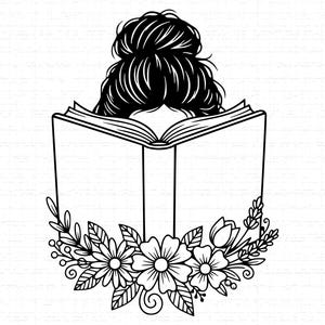 May include: Black and white illustration of a person with their hair in a bun, reading a book. The book is surrounded by a floral wreath of leaves and flowers. The image is a line drawing.