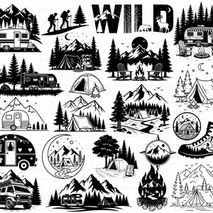 Puede incluir: Ilustraciones en blanco y negro con temas de acampada y aventura al aire libre. Incluye una caravana, tiendas de campaña, montañas, árboles, una brújula, una fogata y la palabra "WILD". Diseños para entusiastas del aire libre.