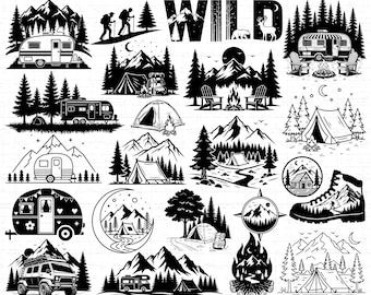Pacchetto SVG per campeggio: falò, montagna, camper, attività all'aperto, vita in campeggio, escursionismo, scena nella foresta, avventura, file tagliati, download istantaneo