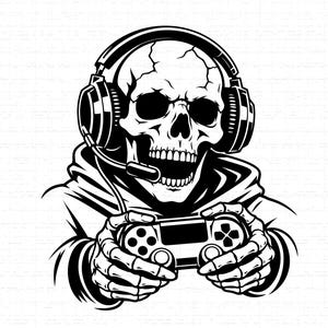 以下が含まれることがあります： ヘッドセットとマイクを装着し、ビデオゲームコントローラーを持っている骸骨の白黒イラスト。 骸骨はフード付きスウェットシャツを着ています。 グラフィックデザイン。