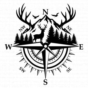 Hunting Compass SVG, PNG, Deer Mountain Forest, Hunter Gift, Navigation, Wilderness, Adventure, Outdoor Shirt Cut File, Cricut, Silhouette