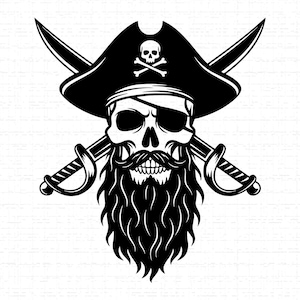 May include: A black and white pirate-themed illustration featuring a skull with an eye patch, a long beard, and a mustache. The skull wears a pirate hat with a skull and crossbones emblem. Two crossed swords are behind the skull.