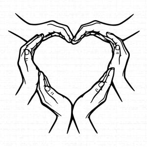 May include: A black and white line drawing of hands arranged to form a heart shape. The image depicts multiple hands, with fingers and palms creating the outline of a heart, representing love and togetherness.