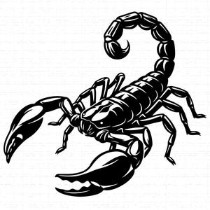 Puede incluir: Ilustración en blanco y negro de un escorpión. El escorpión se muestra de perfil, con su cuerpo segmentado, grandes pinzas y cola curvada. La imagen tiene un estilo gráfico audaz.