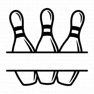 May include: Black and white graphic of three bowling pins above a horizontal rectangle and three bowling ball holes. The bowling pins have a rounded top and a black band around the middle.