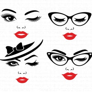 May include: Four stylized face illustrations with red lips, black eyelashes, and eyebrows. Two faces have glasses, one with a hat. One eye is open, and one is winking in each face. The background is white.