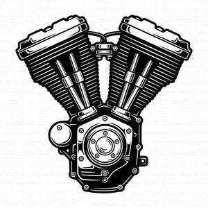 Può includere: Illustrazione in bianco e nero di un motore motociclistico. Il motore presenta due cilindri, alette di raffreddamento e vari componenti meccanici. Il design dettagliato è adatto agli appassionati di motori.