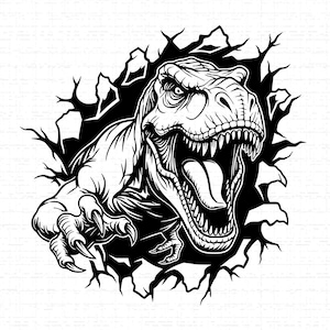 Puede incluir: Ilustración en blanco y negro de un Tyrannosaurus Rex rompiendo una pared. La boca del dinosaurio está abierta, mostrando dientes y lengua. Sus garras están extendidas, y la pared está agrietada.
