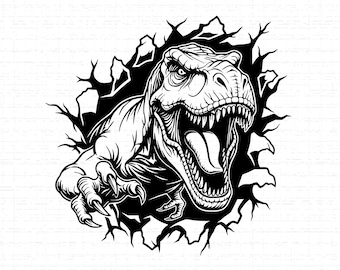 Roaring T-Rex Breaking Through Wall SVG: Dinosaur, Jurassic, T-Rex Clipart, Kids Art, Cut Files, SVG, PNG, Instant Download