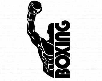 May include: A black and white graphic of a boxer with a raised arm wearing a boxing glove. The word "BOXING" is vertically aligned next to the boxer's silhouette. The image has a textured white background.