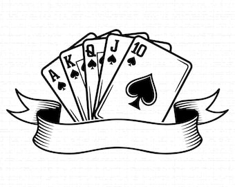 Escalera Real de Póker con Banner de Cinta SVG, PNG: Casino, Regalo para Jugador de Cartas, Las Vegas, Diseño de Camiseta, Archivo de Corte, Descarga Instantánea