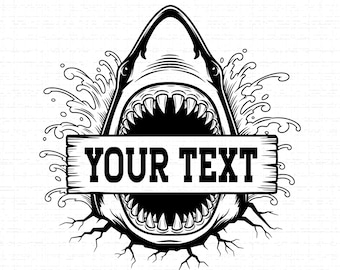 Shark Split Name Frame SVG, PNG: Great White Shark Monogram, Jaws, T-Shirt Design, Cut File, Instant Download