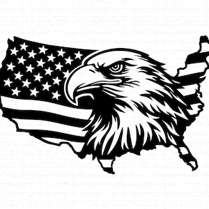 Puede incluir: Gráfico en blanco y negro de la cabeza de un águila calva superpuesta a un mapa de los Estados Unidos, con la bandera estadounidense incorporada en el diseño. El águila está detallada, con líneas nítidas y una mirada enfocada.
