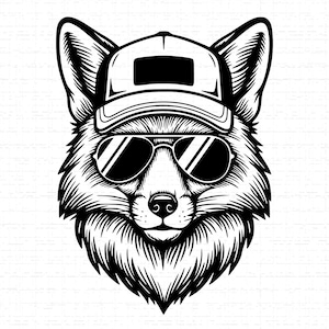 May include: Black and white illustration of a fox wearing a baseball cap and sunglasses. The fox's fur is detailed with fine lines, and the sunglasses have reflective lenses. The cap has a rectangular patch on the front.