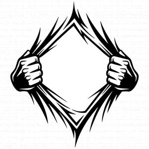 May include: A black and white graphic illustration of two hands tearing open a diamond-shaped space. The hands are clenched in fists, and the torn edges have sharp, jagged lines.