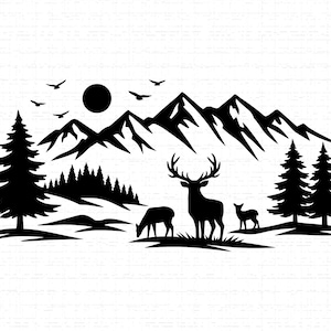 May include: Black silhouette of a mountain scene featuring a sun, birds, and trees. Deer are depicted grazing in the foreground. A minimalist design, ideal for wall art or decals.