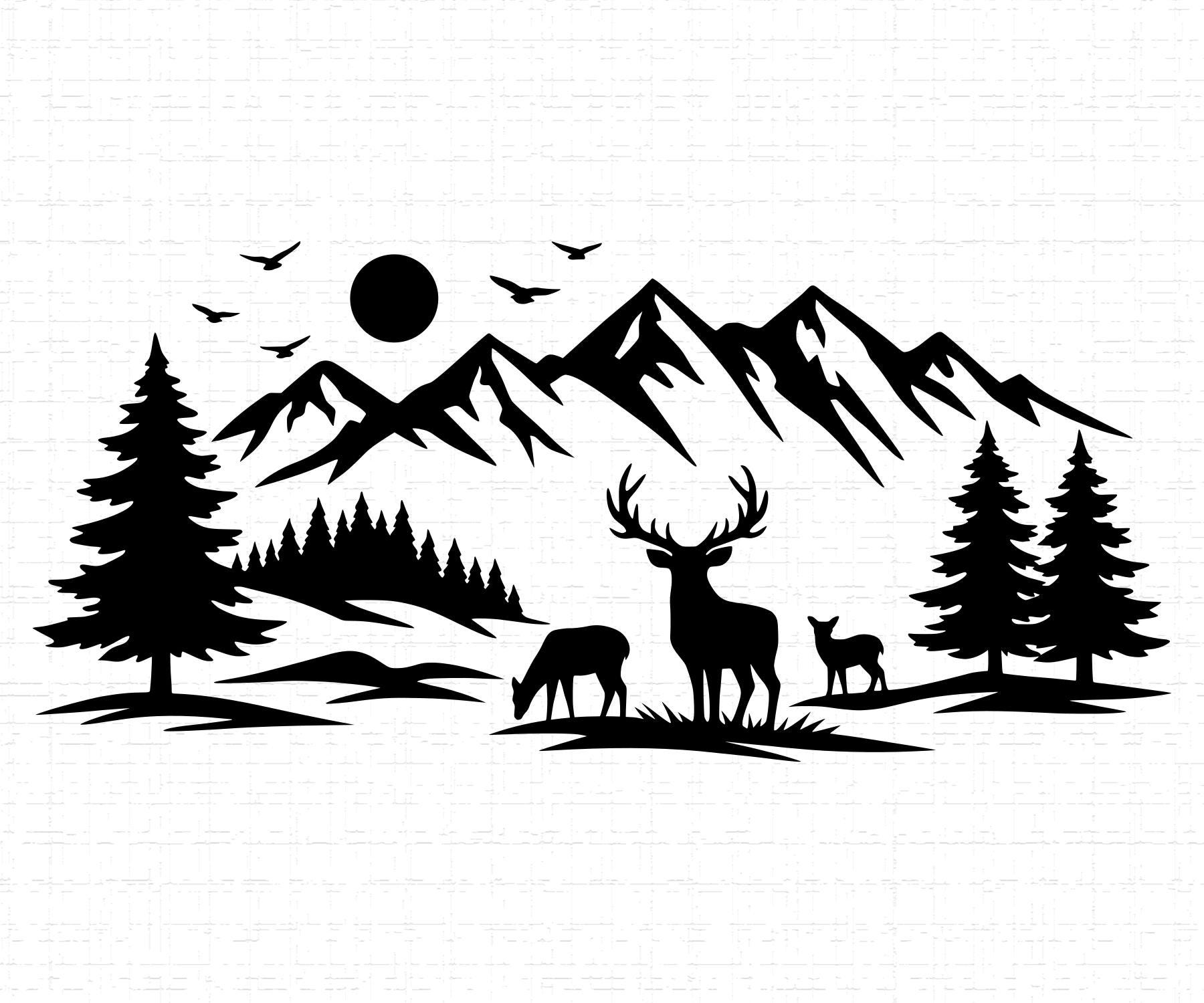 Mountain Forest Deer Family Scene SVG, PNG: Cabin Decor, Buck and Doe ...