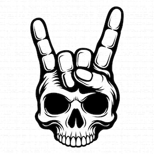 May include: A monochrome illustration depicting a skull making the 'horns' hand gesture, a symbol of rock and roll. The skull features detailed shading and a full set of teeth. The fingers are raised in the iconic sign.