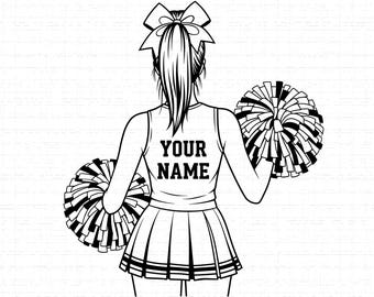 May include: Black and white illustration of a cheerleader from the back, holding two pom-poms. The cheerleader is wearing a pleated skirt and a tank top with the text "YOUR NAME". A bow is in the cheerleader's hair.