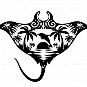 May include: Black silhouette of a manta ray with a tropical scene. The design features palm trees, a jumping dolphin, and a sunset over the ocean. The ray's body has decorative swirls and star-like shapes.