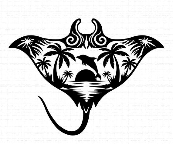 Tropical Manta Ray SVG, PNG, Ocean Sunset Beach Silhouette, Palm Trees Sea Life Design, Hawaii Vacation Vibes, Summer Surf Decor, Cricut