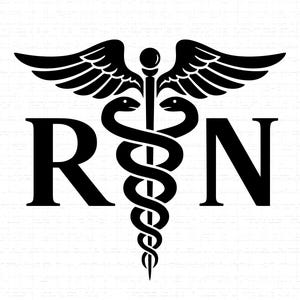 May include: Black Caduceus symbol with "RN" lettering on a white backdrop. The Caduceus shows two snakes coiled around a staff, topped with wings. The letters "R" and "N" are in a bold, sans-serif font, commonly used in medical contexts.
