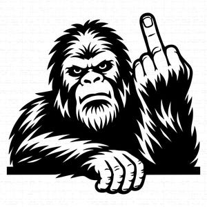 May include: Black and white illustration of a Bigfoot-like creature giving the middle finger. The creature has a stern expression, with detailed fur and facial features. The image is a bold graphic design.