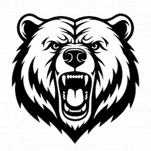 May include: A black and white illustration of a bear's head with an open mouth, baring teeth. The bear has a fierce expression, with detailed fur and sharp features. The image is a graphic design, suitable for various applications.
