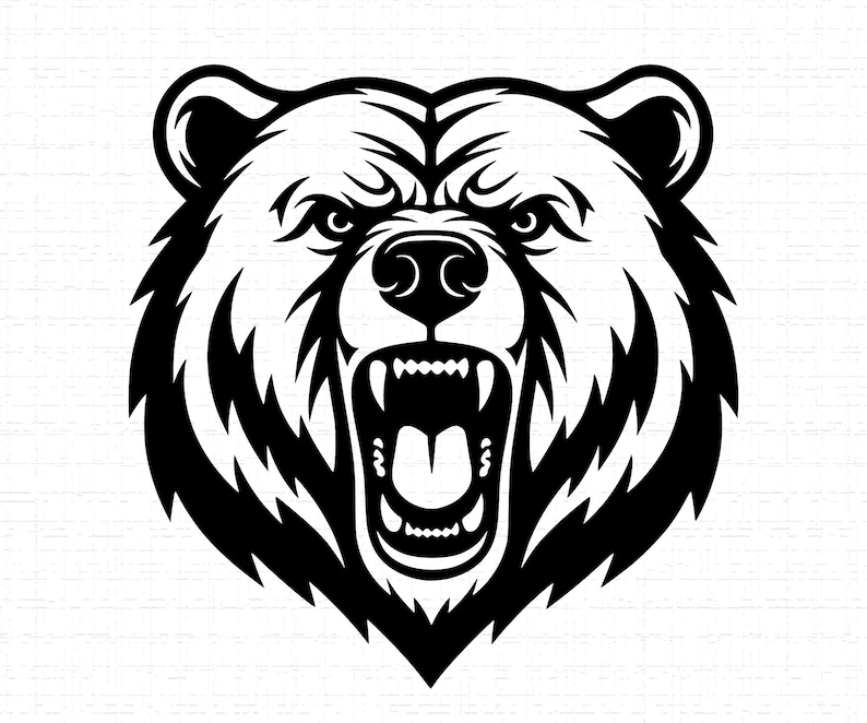 May include: A black and white illustration of a bear's head with an open mouth, baring teeth. The bear has a fierce expression, with detailed fur and sharp features. The image is a graphic design, suitable for various applications.