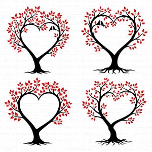 May include: Four black tree silhouettes with red leaves and heart-shaped canopies. Two trees feature small bird silhouettes. The trees have roots and are set against a white brick background. Ideal for wall art or decals.