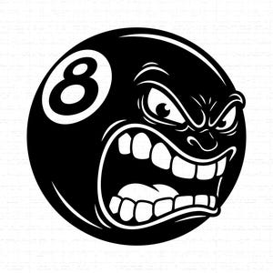 Può includere: Grafica in bianco e nero di una palla otto arrabbiata con un volto minaccioso. Il numero otto è in un cerchio bianco sul lato sinistro della palla. La palla ha la bocca aperta con denti visibili e le sopracciglia aggrottate.