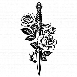 Può includere: Illustrazione in bianco e nero di una spada intrecciata con rose e foglie. La spada ha un'elsa dettagliata e una lama affilata. Le rose sono in piena fioritura, con petali e spine dettagliati.