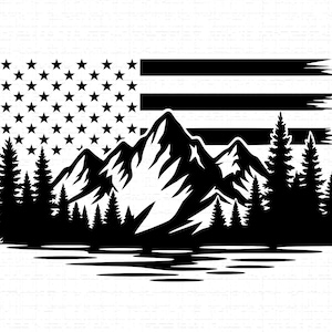 May include: Black and white graphic design featuring a mountain range, pine trees, and a lake, with an American flag design in the background. The flag has stars and stripes, with a distressed effect.
