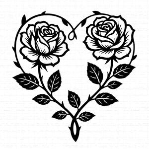 Könnte beinhalten: Schwarz-weiße Illustration eines herzförmigen Designs mit zwei Rosen. Die Rosen sind detailliert dargestellt und von einer Ranke mit Blättern und Dornen umgeben. Geeignet für Bastelarbeiten und dekorative Projekte.