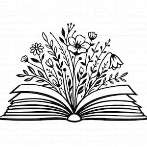 Könnte beinhalten: Schwarz-Weiß-Illustration eines offenen Buches mit aufgefächerten Seiten. Ein Blumenstrauß und Blätter sprießen aus der Mitte des Buches und bilden ein dekoratives Design. Die Blumen umfassen Gänseblümchen, glockenförmige Blüten und andere florale Elemente.