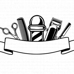 Barbershop SVG: Klassiska barbershopverktyg och banner, hårklippningsutrustning och barberstång, klippfiler, SVG, PNG, direktnedladdning