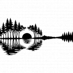 May include: Black silhouette of a guitar-shaped landscape scene. The design features a forest, a setting sun, and a lake with reflections. The artwork is set against a white background.