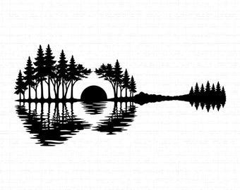 Guitar Sunset SVG, PNG, Acoustic Music Landscape Design, Musician Gift, Forest Lake Reflection, Band Shirt, Tree Line, Nature Lover Wall Art