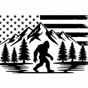 May include: Black and white graphic featuring a silhouette of Bigfoot walking in front of a mountain range and pine trees. The top portion of the image depicts the American flag with stars and stripes.